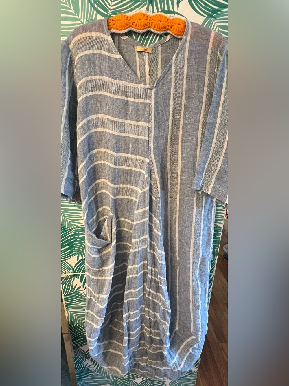 Luiselle Linen maxi long sleeve kaftan blue & white stripe dress made in Italy